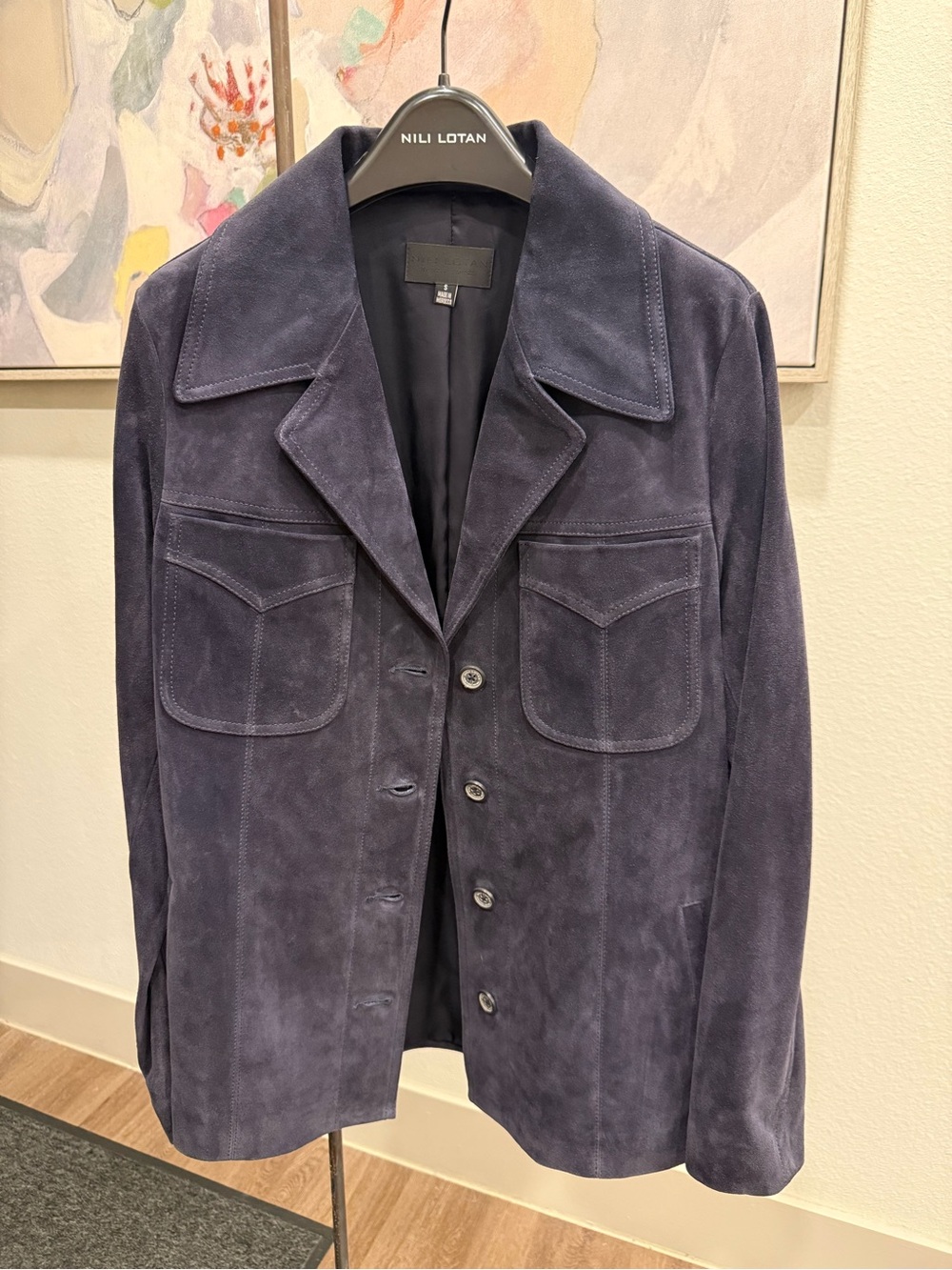 Nili Lotan Navy Suede Button-Front Blazer